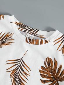 SHEIN 2件套小男孩植物印花短袖T恤和纯色裤子 - 棕色 - 查看 3