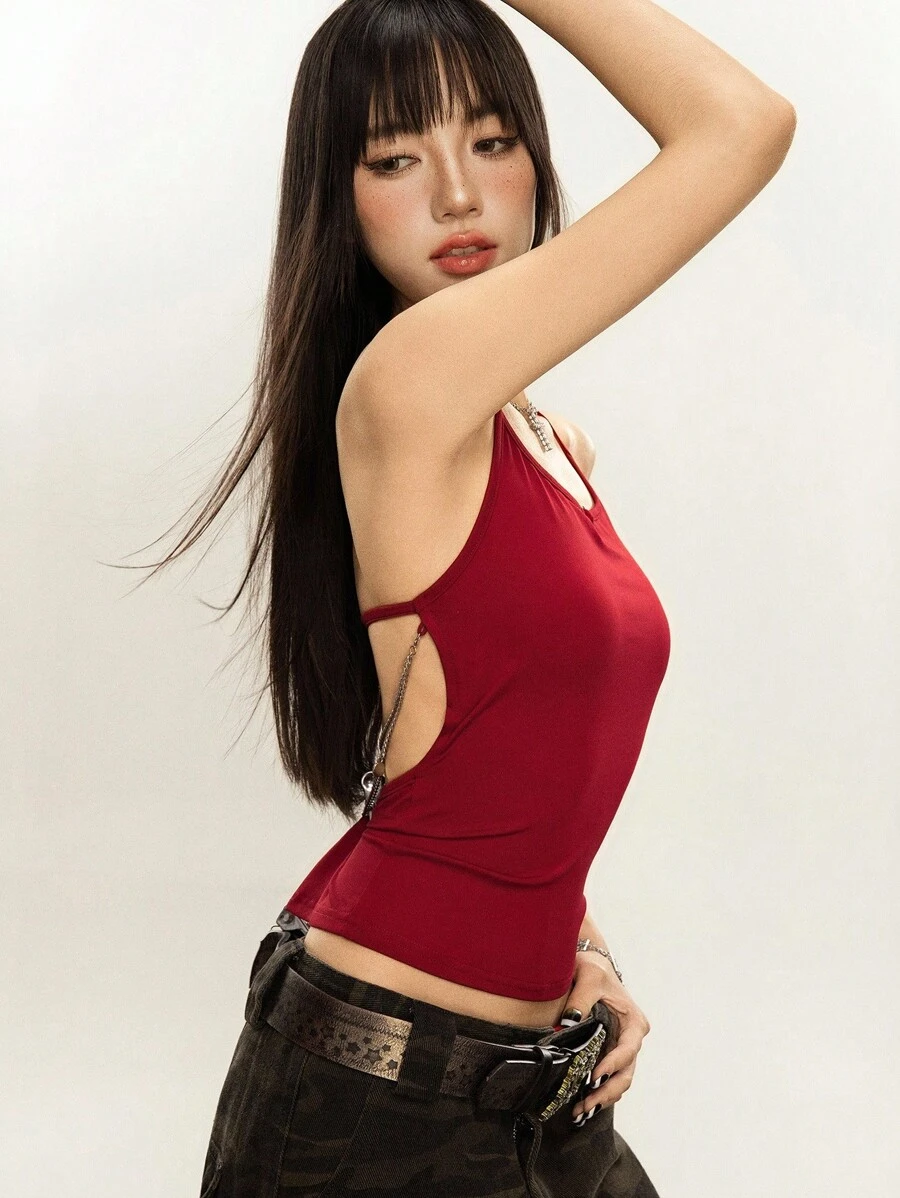 Rina Fox 女士休闲性感露背系带无袖短款上衣，简约风格 - 紅色 - 查看 1