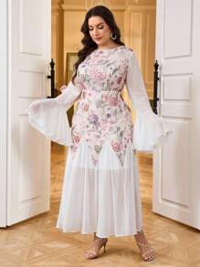 Modelyn Plus Size Elegant Blommig Patchwork Midiklänning med Utsvängda Ärmar - Multifärgad - Visa 6