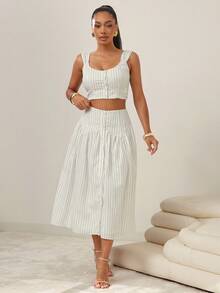 Vixey Striped Print Round Neck Front Button Cropped Sleeveless Top, Business Casual, Office - Multicolor - View 3