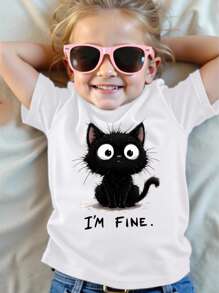 年轻女孩休闲可爱小猫图案短袖圆领T恤，适合夏季 - 白色 - 查看 1