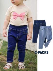 Cozy Pixies 2 件婴幼儿蓝色牛仔弹力紧身裤套装，百搭舒适，休闲百搭，适合居家、外出、度假和旅行 - 藍色 - 查看 4