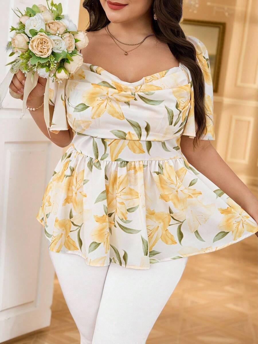 Modelyn Plus Size Women Floral Print Plunging Neck Short Sleeve Fashion Blouse - Multicolor - View 1