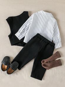 Souflis Souflis 3 件套男婴条纹长袖衬衫、华夫格裤和背心套装，优雅的服装组合，适合社交场合、聚会、派对、婚礼 - 彩色 - 查看 2