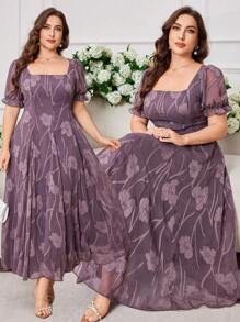 Modelyn Plus Size Elegant Chiffon Jacquard Square Collar Short Sleeve A-Line Dress For Spring & Summer - Mauve Purple - View 1