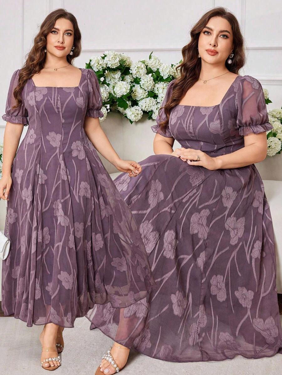 Modelyn Plus Size Elegant Chiffon Jacquard Square Collar Short Sleeve A-Line Dress For Spring & Summer - Mauve Purple - View 1
