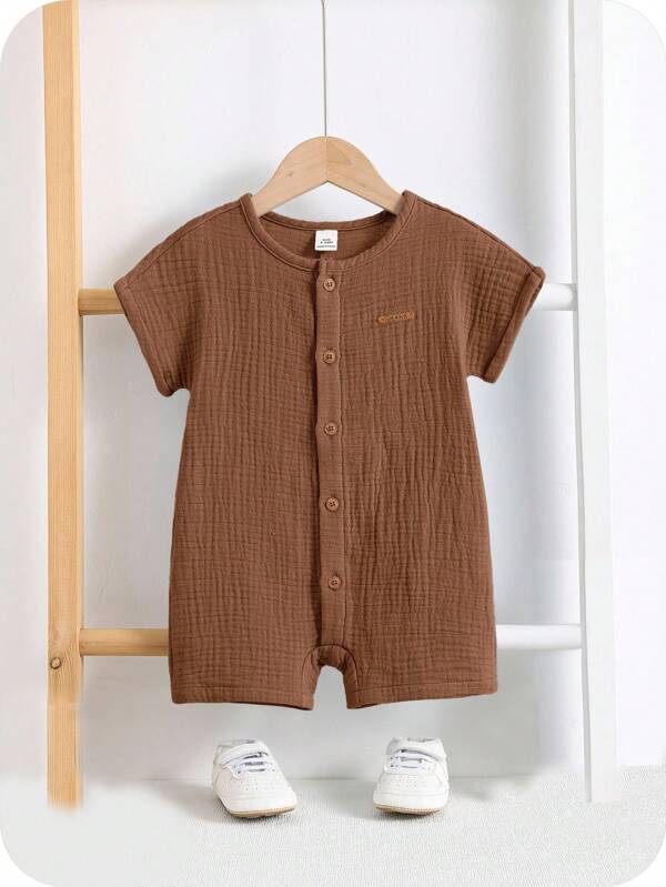 SHEIN Newborn Baby Boy Summer Casual Solid Color Short Sleeve Romper And Shorts Set Baby Romper Brown Baby Romper Mocha Baby Romper Button Baby Romper Toddler Romper