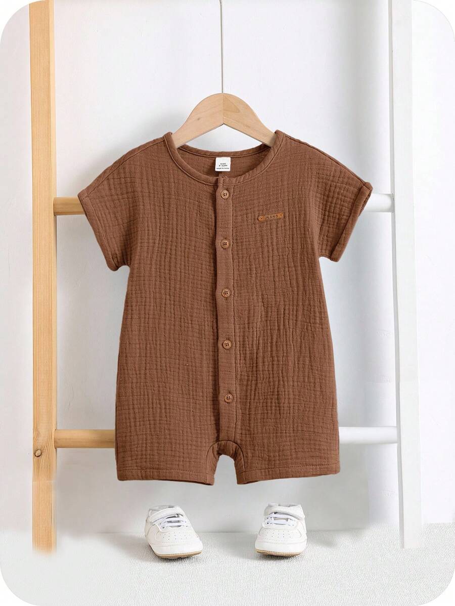 SHEIN 新生男婴夏季休闲纯色短袖连体衣和短裤套装 - 棕色 - 查看 1