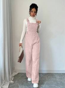 Selianne Women's Solid Color Loose Pocketed Bib Overalls In Corduroy - Pink - View 3