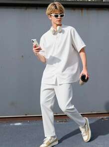 SHEIN 青少年男孩 2 件套休闲宽松百搭舒适高性价比立领编织短袖衬衫裤子套装