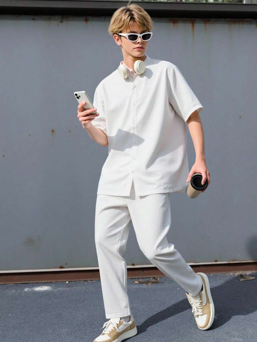 SHEIN 青少年男孩 2 件套休闲宽松百搭舒适高性价比立领编织短袖衬衫裤子套装