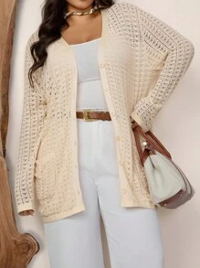 Zelara 大码女式休闲纯色镂空纽扣开衫，春秋季慵懒休闲风航海风开衫，机场秋冬校园复古风针织开衫 - 杏色 - 查看 2