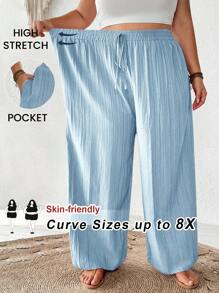 SHEIN CURVE+ Plus Size Women's New Spring/Summer Business Casual Beach Outfit, Fashionable Commuter Elegant Purple Lotus Root Pink Wide Leg Pants With Pockets, Beach Holiday Attire - Baby Blue - View 3