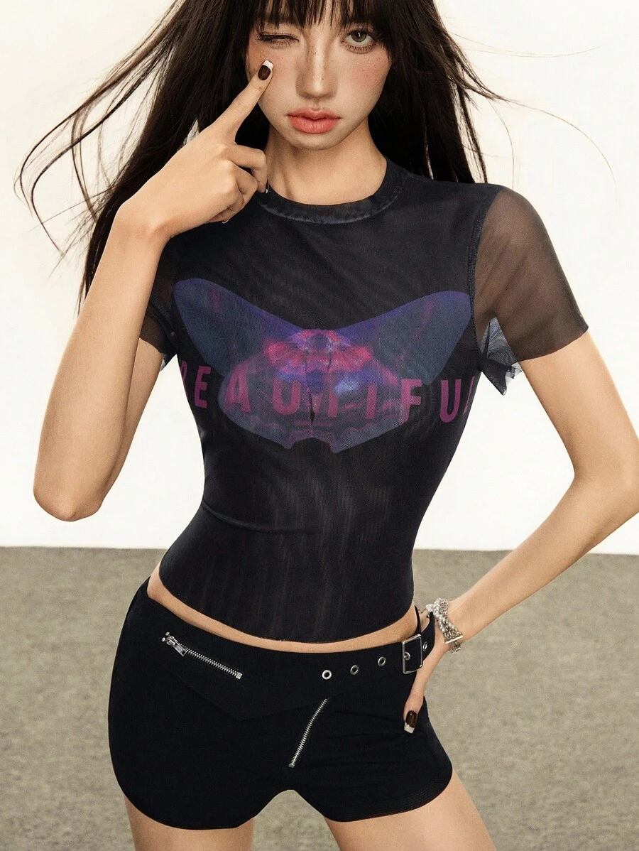 INAWLY Camiseta de manga corta con cuello redondo, ajustada, con estampado digital y parches de malla - Negro - Ver 1