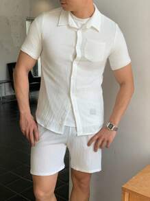SHEIN 2pcs Teen Boys' Casual Comfy Knit Texture Short Sleeve Shirt & Shorts Set, Spring Wear - White - View 6