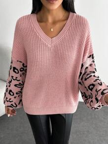 EURMUSE Petite Size Casual Rib Knit Leopard Pattern Crew Neck Women Sweater,Jumper,Cream Jumper,Jumpers,Black Jumper,Womens Jumper,White Jumper,Women's Jumper,Women's Jumpers,Winter Clothes - Multicolor - View 5