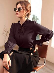 Modelyn Áo cánh dài tay thanh lịch cổ bèo nhún màu trơn cho nữ, mùa thu - Cà phê nâu - Xem 7