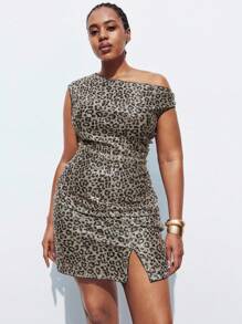 Maija Women's Plus Size Sequined Leopard Print Hem Slit Mini Skirt,Beige Autumn Girlism Night Wedding Guest, Modest Vintage Old Money Fashion Elegant - Multicolor - View 3