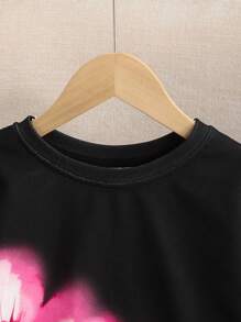 SHEIN 青少年女孩宽松休闲舒适圆领套头长袖花卉印花运动衫 - 黑色 - 查看 4