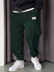 EURMUSE Men Letter Patched Detail Drawstring Waist Sweatpants - Dark Green - View 1