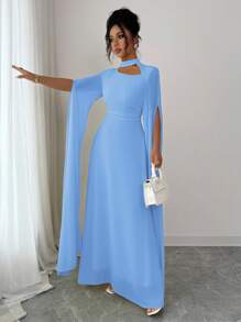 Elenzga 女士优雅法式浪漫度假风沙滩裙，雪纺透明面料，镂空领口，后背交叉系带，喇叭长裙，长袖，开衩袖口，适合下午茶、派对、中东风格、春夏季 - 藍色 - 查看 7