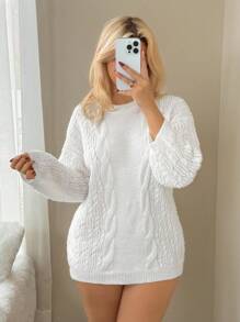 Sweetina Women's Loose Fit Crew Neck Drop Shoulder Long Sleeve Twist Cable Pattern Casual Sweater Fall Women Clothes