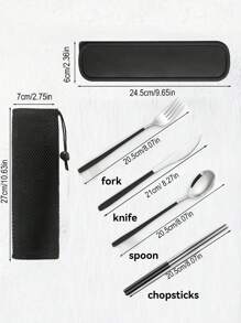 SHEIN 旅行用具，返回学校，旅行银器套装带盒子，餐具套装便携式营地可重复使用的不锈钢餐具银器，学校用品，包括带盒子的叉勺筷子，适用于西餐、厨房、午餐盒办公室野餐日常饮食，圣诞节（黑色），各种组合可用圣诞节作为节日礼物 - 黑色 - 查看 10