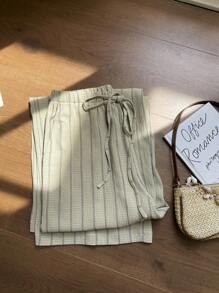 Comfortcana 绿色梭织条纹休闲度假阔腿裤 - 綠色 - 查看 3