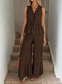 Easowa 夏季休闲度假亚麻色镂空刺绣系带无袖蝴蝶结上衣和纯色纹理超长阔腿裤，优雅的度假装，适合日常穿着，音乐节，复古风格图案衬衫，波西米亚风格 - 棕色 - 查看 2