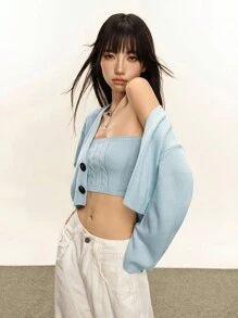 Rina Fox 性感吊带背心+扭纹开衫 - 藍色 - 查看 3