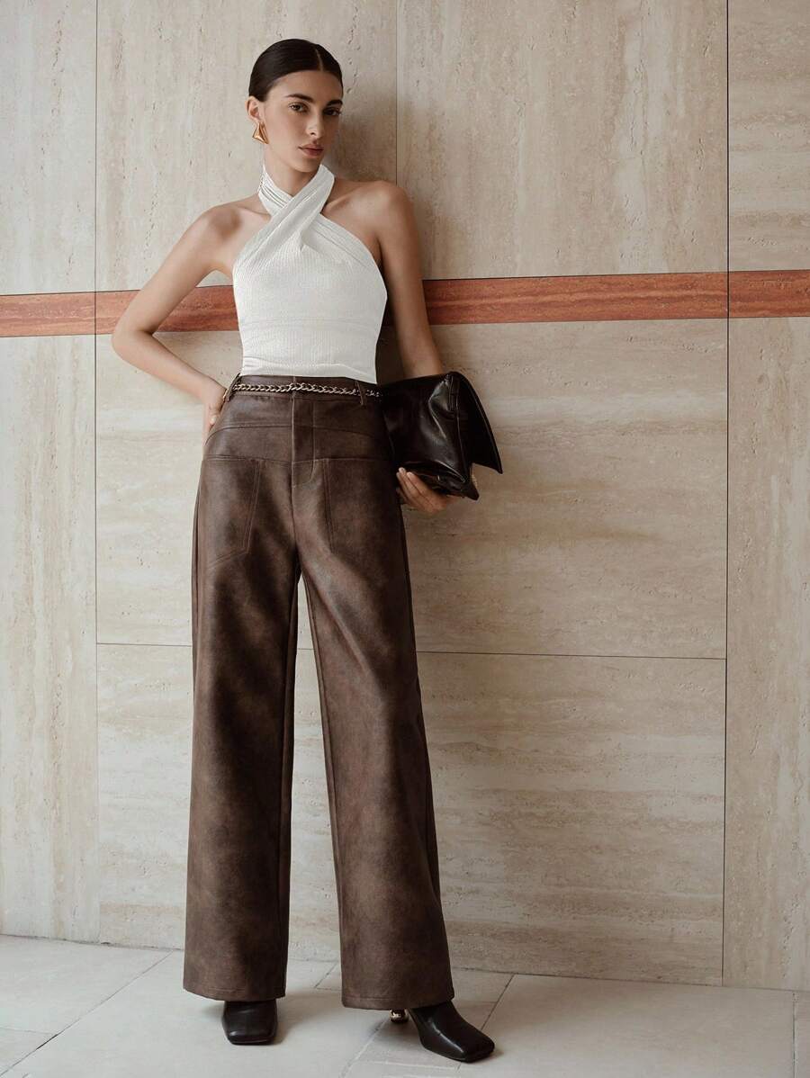 MOTF PREMIUM Pantalones rectos con bolsillo - Café integral - Ver 1