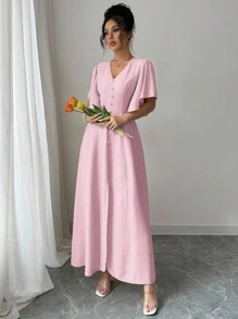 Elenzga 女士优雅休闲 V 领 A 字开衩纽扣装饰泡泡袖中长连衣裙，适合下午茶、派对、度假、通勤，纯色 - 粉色 - 查看 7