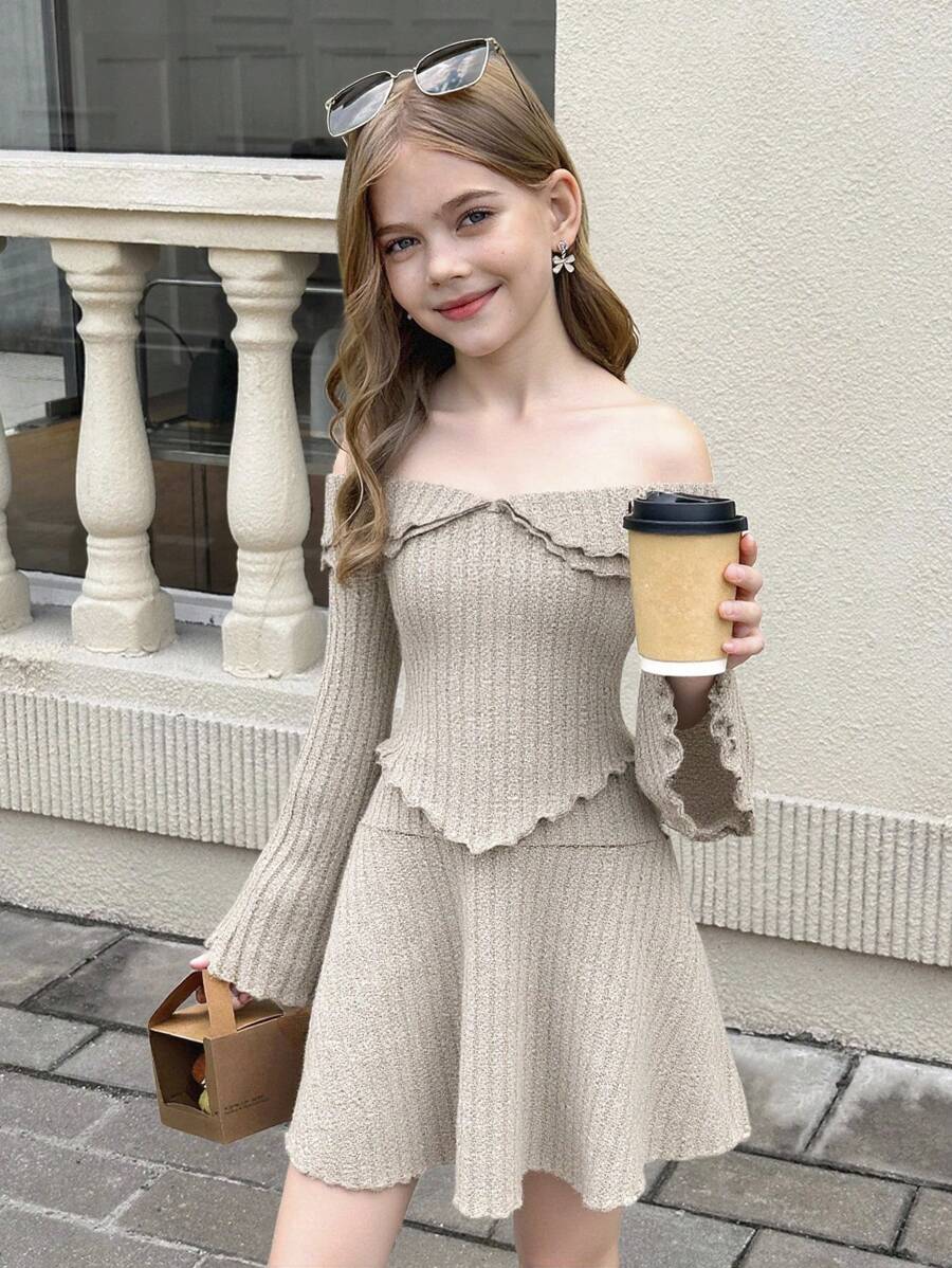 SHEIN 青少年女孩针织罗纹单肩不对称摆动修身上衣和高腰 A 字裙休闲套装 - 杏色 - 查看 1