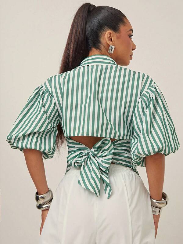 Vixey Self Tie Back Collared Button Up Puff Sleeve Top, Business Casual, Office