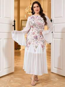 Modelyn Plus Size Elegant Blommig Patchwork Midiklänning med Utsvängda Ärmar - Multifärgad - Visa 5