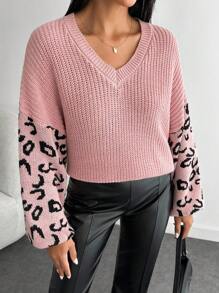 EURMUSE Petite Size Casual Rib Knit Leopard Pattern Crew Neck Women Sweater,Jumper,Cream Jumper,Jumpers,Black Jumper,Womens Jumper,White Jumper,Women's Jumper,Women's Jumpers,Winter Clothes - Multicolor - View 4