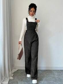 Selianne Quần yếm thường ngày dây dày màu trơn cho nữ, áo liền quần không tay bằng vải nhung kẻ - màu đen - Xem 6