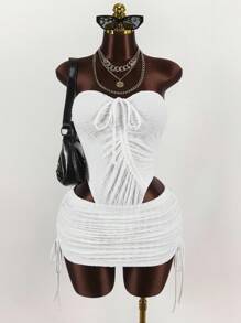 Amplova Plus Size Women Bandeau Bodysuit With Drawstring & High Waist Mini Skirt 2 Pieces Set - White - View 1