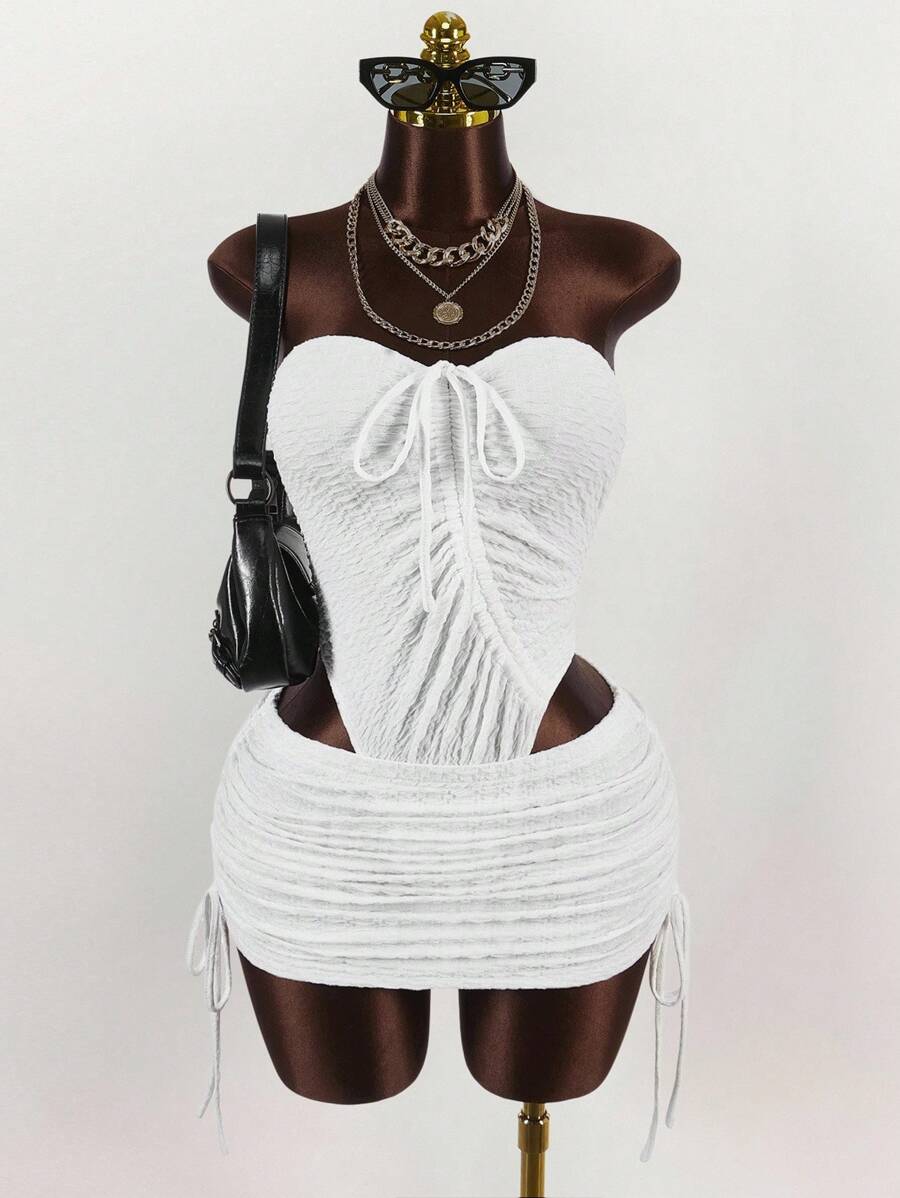 Amplova Plus Size Women Bandeau Bodysuit With Drawstring & High Waist Mini Skirt 2 Pieces Set - White - View 1