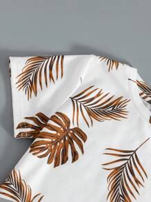 SHEIN 2件套小男孩植物印花短袖T恤和纯色裤子 - 棕色 - 查看 4