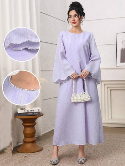 Yasmyna 圆领珍珠喇叭袖荷叶边珍珠夏季优雅浪漫飘逸连衣裙