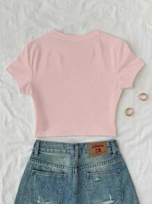 INAWLY Camiseta corta rosa de mujer de corte slim con elegante estampado floral de rosas al estilo resort