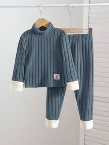 SHEIN 2 件套男童简约字母装饰立领长袖上衣和长裤羊毛装饰睡衣套装 - 霧霾藍 - 查看 3