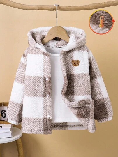 SHEIN 1 件年轻男孩柔软舒适贴布印花羊毛连帽夹克，休闲百搭宽松外套，适合旅行、学校、日常聚会、派对、秋冬