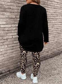 SHEIN LUNE 2 件套大码女士休闲长袖 T 恤和瑜伽裤，适合秋冬季 - 黑色 - 查看 5