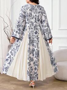Al Najma 大码女式全印花V领优雅长袖阿拉伯风长裙 - 藍白色 - 查看 9