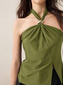 BizChic 绿色金属装饰纽扣设计露背侧开衩上衣，时尚优雅，都市通勤日常浪漫90年代复古风，适合圣诞节、新年、情人节、派对、海滩、毕业典礼、时尚、嘉年华、假日、婚礼宾客、外出、约会、聚会、音乐会、舞台表演、早餐、机场等多种场合。 - 綠色 - 查看 3