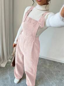 Selianne Women's Solid Color Loose Pocketed Bib Overalls In Corduroy - Pink - View 6