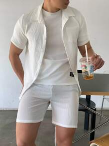 SHEIN 2pcs Teen Boys' Casual Comfy Knit Texture Short Sleeve Shirt & Shorts Set, Spring Wear - White - View 5