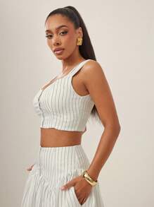 Vixey Striped Print Round Neck Front Button Cropped Sleeveless Top, Business Casual, Office - Multicolor - View 5